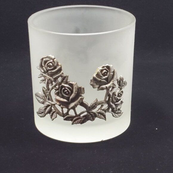 Vintage Votive Candle Holder Frosted Glass with Pewter Roses Design Decorative - Picture 1 of 6